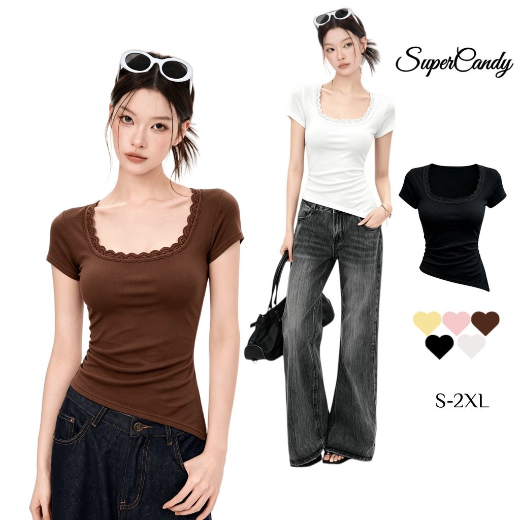 SuperCandy🌷เสื้อยืดผู้หญิงคอUประดับลูกไม้ ปลายเสื้อไม่สม่ำเสมอ ทรงกระชับรัดเอว แสดงไหปลาร้า สวมใส่ได้ทุกวัน