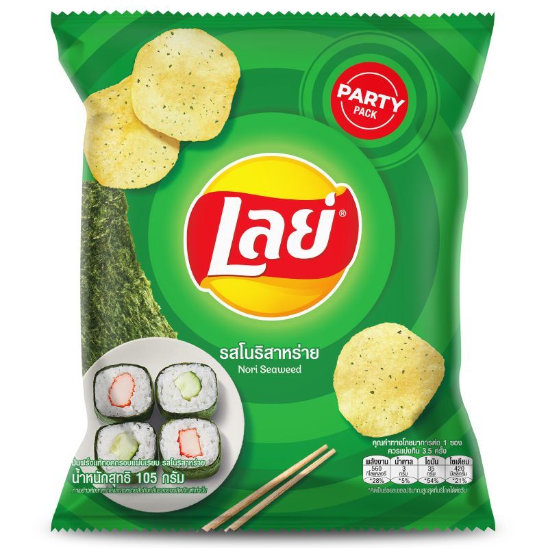 เลย์ปาร์ตี้แพ็คมันฝรั่งทอดกรอบแผ่นเรียบรสโนริสาหร่าย 105กรัม Lays Party Pack Flat Potato Chips Nori Seaweed Flavor 105g.