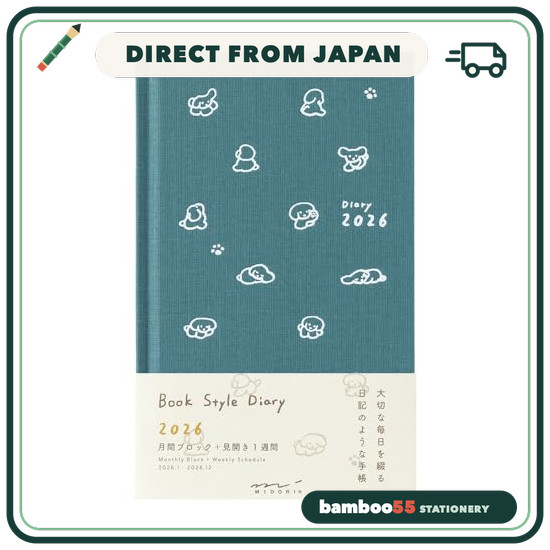 Midori Book-Style Diary Planner 2026 B6 Variant Weekly Dog Print Blue-Green 22380006 (Starts January