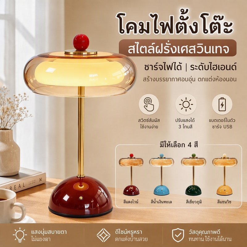 โคมไฟตั้งโต๊ะ โคมไฟข้างเตียง สไตล์ฝรั่งเศสวินเทจ แก้วโทนครีม ชาร์จไฟได้ ระดับไฮเอนด์ สร้างบรรยากาศอบอุ่น ตกแต่งห้องนอน