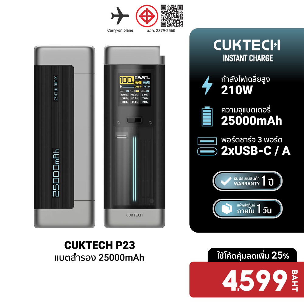 CUKTECH P23 Powerbank แบตสำรอง 25000mAh CCC / CE จ่ายไฟรวมกันสูงถึง 210W พอร์ตเดียวแรงสุด 140W -1Y