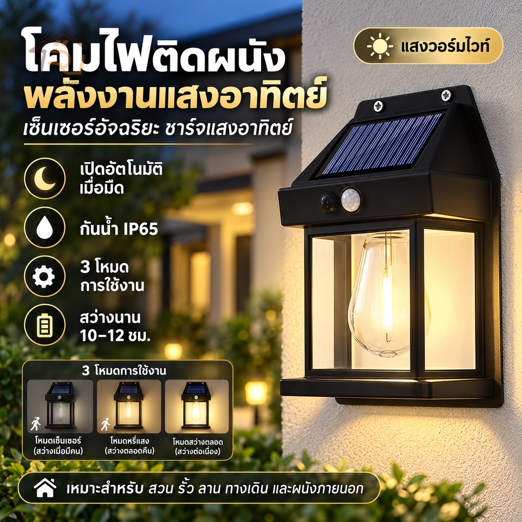 โคมไฟโซล่าเซลล์ โคมไฟติดผนัง มีระบบไฟ3โหมด โคมไฟระบบเซ็นเซอร์ ไฟเปิดปิดอัตโนมัติ กันน้ำฝน
