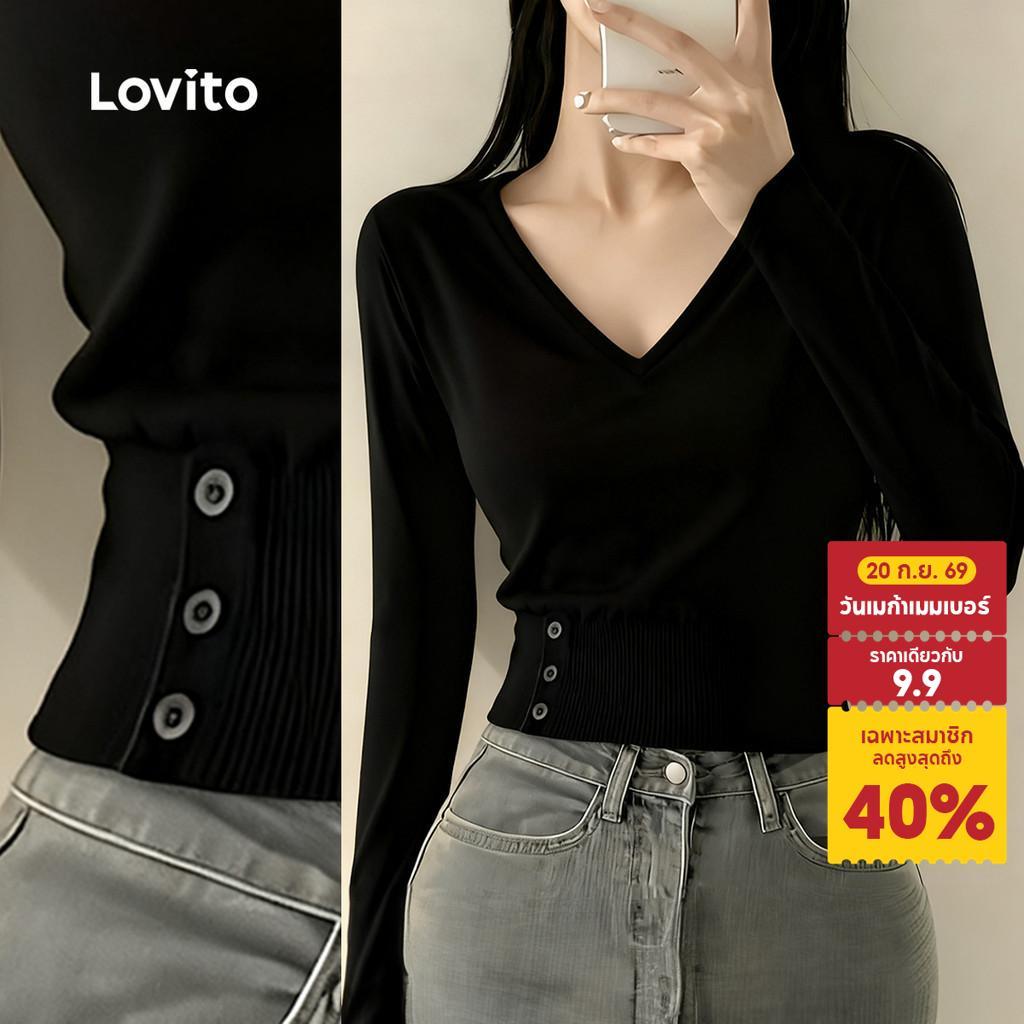 Lovito แคชชวล เสื้อยืดลําลองสีดําสําหรับฤดูใบไม้ผลิ/ฤดูร้อนของผู้หญิง เกาหลี อินเทรนด์ LK2AD1111