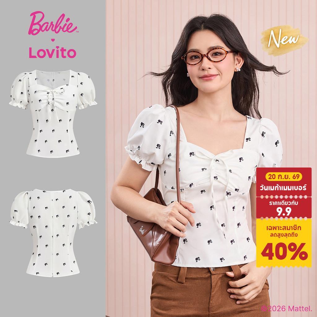 (New Arrival) Barbie™ X Lovito เสื้อเชิ้ตผู้หญิงสีขาวสไตล์ลําลอง ลายลูกไม้ ผูกโบว์ เหมาะสําหรับฤดูใบไม้ผลิและฤดูร้อน BLBL6PAD044