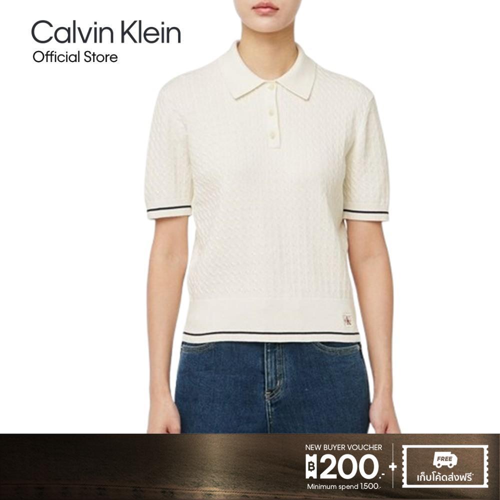 CALVIN KLEIN เสื้อไหมพรมถักแขนสั้นผู้หญิง Woven Sweater Cropped Polo Shirt ทรง Regular รุ่น 47F320G YAS-สีขาว