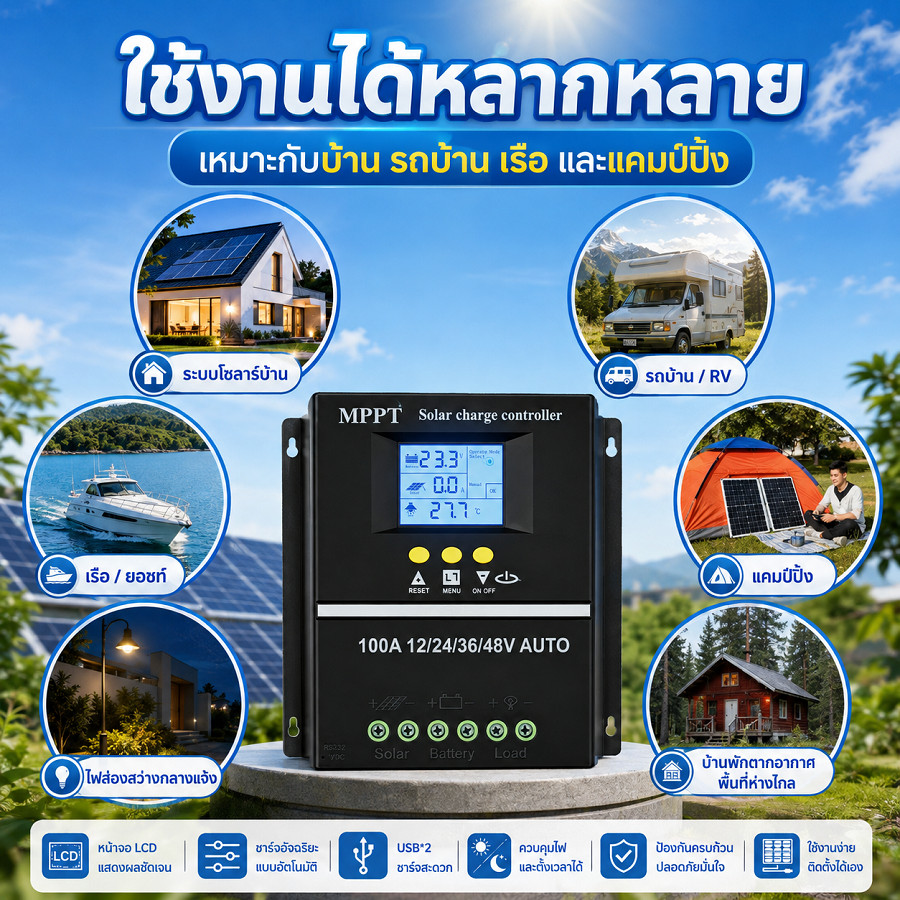 ชาร์จเจอร์โซล่า MPPT SKIER Powland รองรับแรงดัน12V‑48V แผงควบคุมพลังงานแสงอาทิตย์