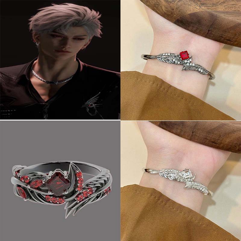 เกมรักและ Deepspace Sylus สร้อยข้อมือคอสเพลย์แหวน Unisex สีดําเรขาคณิตอัญมณีสีแดงแหวน Punk เครื่องประดับอุปกรณ์เสริม Prop