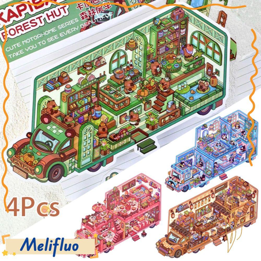 MELIFLUO 4 ชิ้น/เซ็ต Cabin ฉากสติกเกอร์เกม, PET 2.5D ผลมอเตอร์ Home Landscape สติกเกอร์, บรรเทาความเ