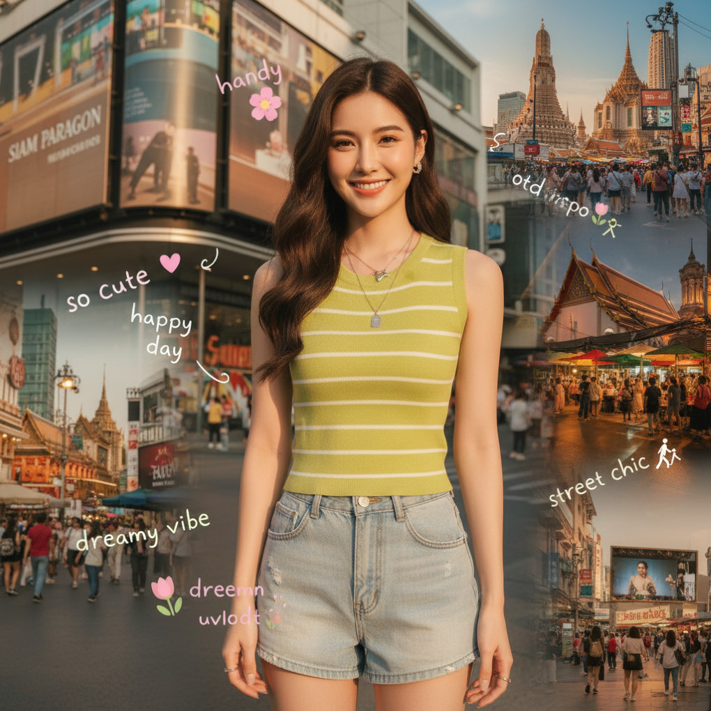 ꕥCatalog Fashionꕥ เสื้อไหมพรมแขนกุด ลายริ้ว ทรงตัวยาว 6 สี