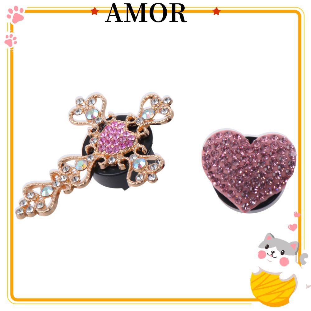 AMOR 2 ชิ้นรถ Vent คลิป, CROSS & Heart Shape คริสตัลสีชมพู CROSS รถ Vent คลิป, CROSS 48*62 มม.โลหะ B