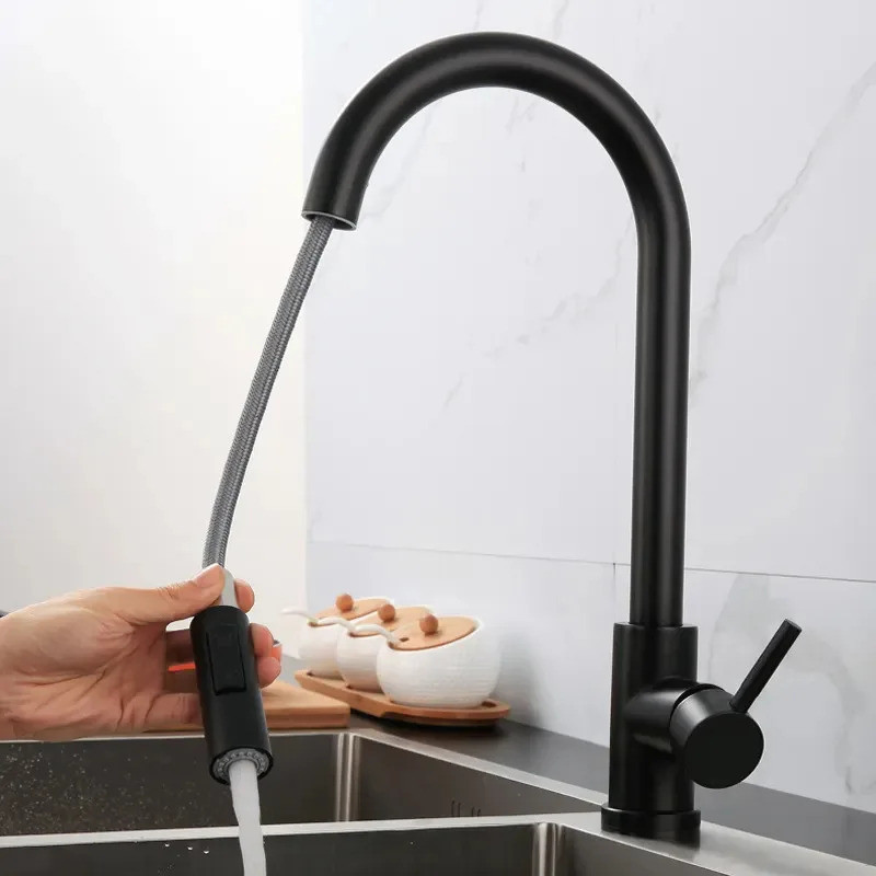 Stainless steel kitchen pull-out faucet hot and cold rotate retractable kitchen sink faucet
