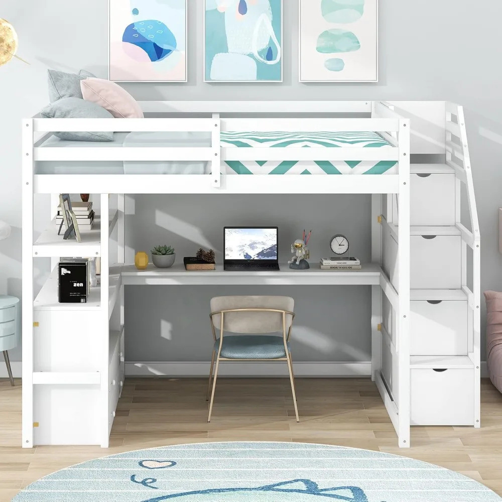 Harper & Bright Designs Full Size Loft Bed Frame พร้อมบันไดและโต๊ะ, เตียง Loft ไม้เนื้อแข็งพร้อมลิ้น
