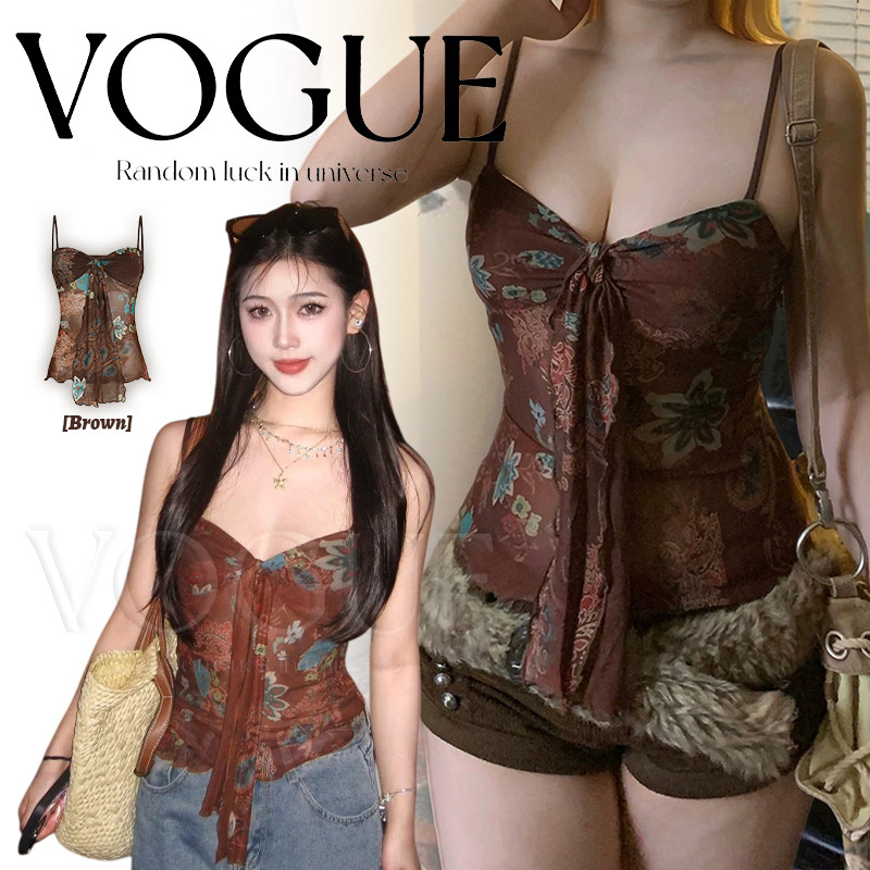 Vogue🌟พร้อมส่ง🌟 เสื้อสายเดี่ยว ลายดอกไม้ สไตล์โบฮี่เมี่ยน สีน้ำตาลธรรมชาติ (FY1189)