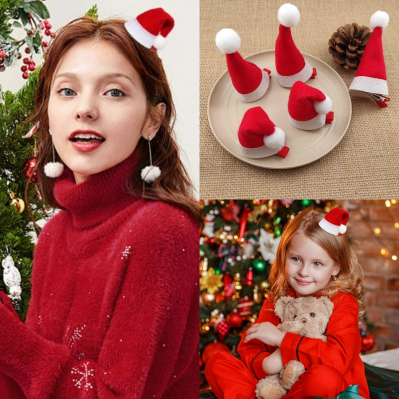 หมวกทรงแบนคลิปสีแดง CHRISTMAS สำหรับผู้หญิง พร้อมตุ๊กตาเก๋ๆ ประดับตกแต่งเส้นผม