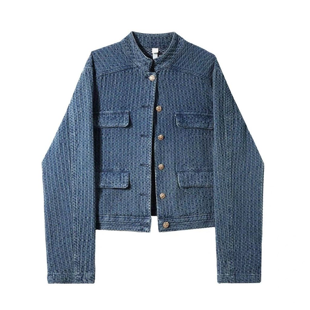 สไตล์หอม Denim Top หลวม High-End อารมณ์ All-Match Retro Stand-Up Collar Texture เสื้อแจ็คเก็ต wufa77
