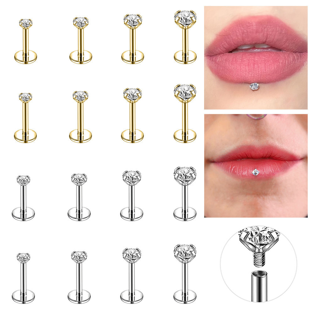 สแตนเลสสตีล Lip Stud แบบเจาะปาก มีด้ายภายในและคริสตัล ขนาด 16G/18G/20G