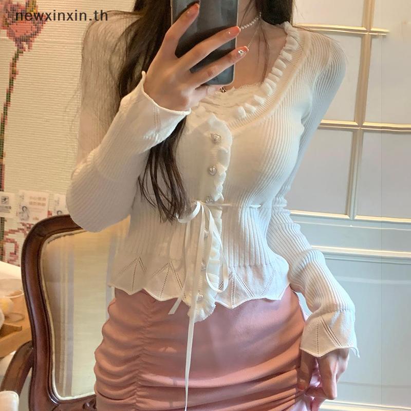 เสื้อกันหนาวสำหรับผู้หญิง หวานด้วยลายพิมพ์แพตช์เวิร์คและสายคล้องคอ มีระบายริบบิว