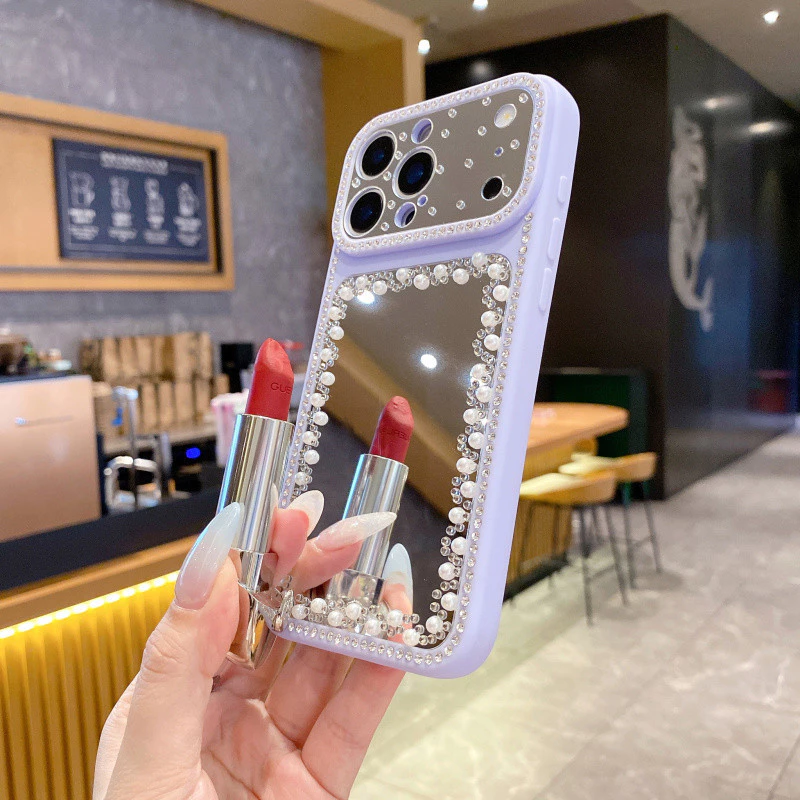 พรีเมี่ยมDrop-resistant Scratch-proof Liquid Soft Edge Glitterเพชรกระจกเคสโทรศัพท์สําหรับiPhone 11 12 13 14 15 16 17 Pro Max