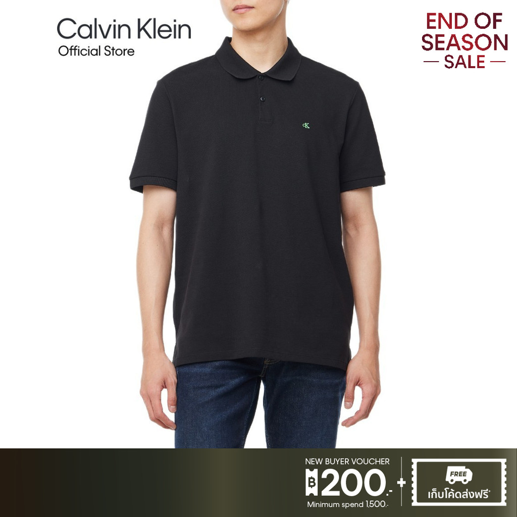 CALVIN KLEIN เสื้อโปโลแขนสั้นผู้ชาย Cotton Pique Classic Polo Shirt ทรง Regular รุ่น 40EM269 UB1 - สีดำ