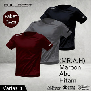 Paket 3 pcs Kaos Baju Olahraga Pria T-Shirt Jersey Lari Bullbest Bahan Dry Fit Breathable Quickdry