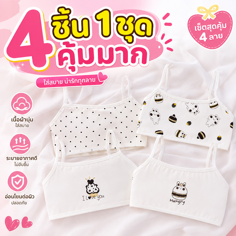 กรุงเทพ พร้อมส่ง เสื้อในเด็กผู้หญิง 4 ตัว ผ้าฝ้าย นุ่มสบาย 7 ถึง 14 ปี