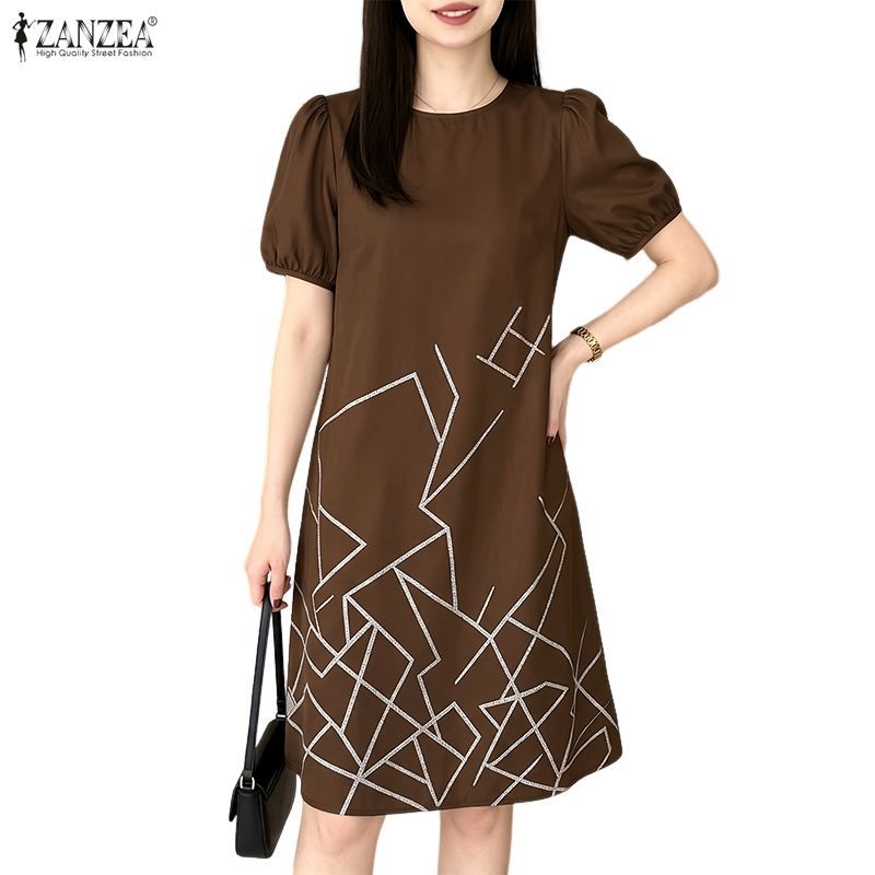 ZANZEA เสื้อผ้าผู้หญิงสไตล์เกาหลีลําลองจีบ A-Line ชุดเดรสลายเรขาคณิตแขนพัฟ
