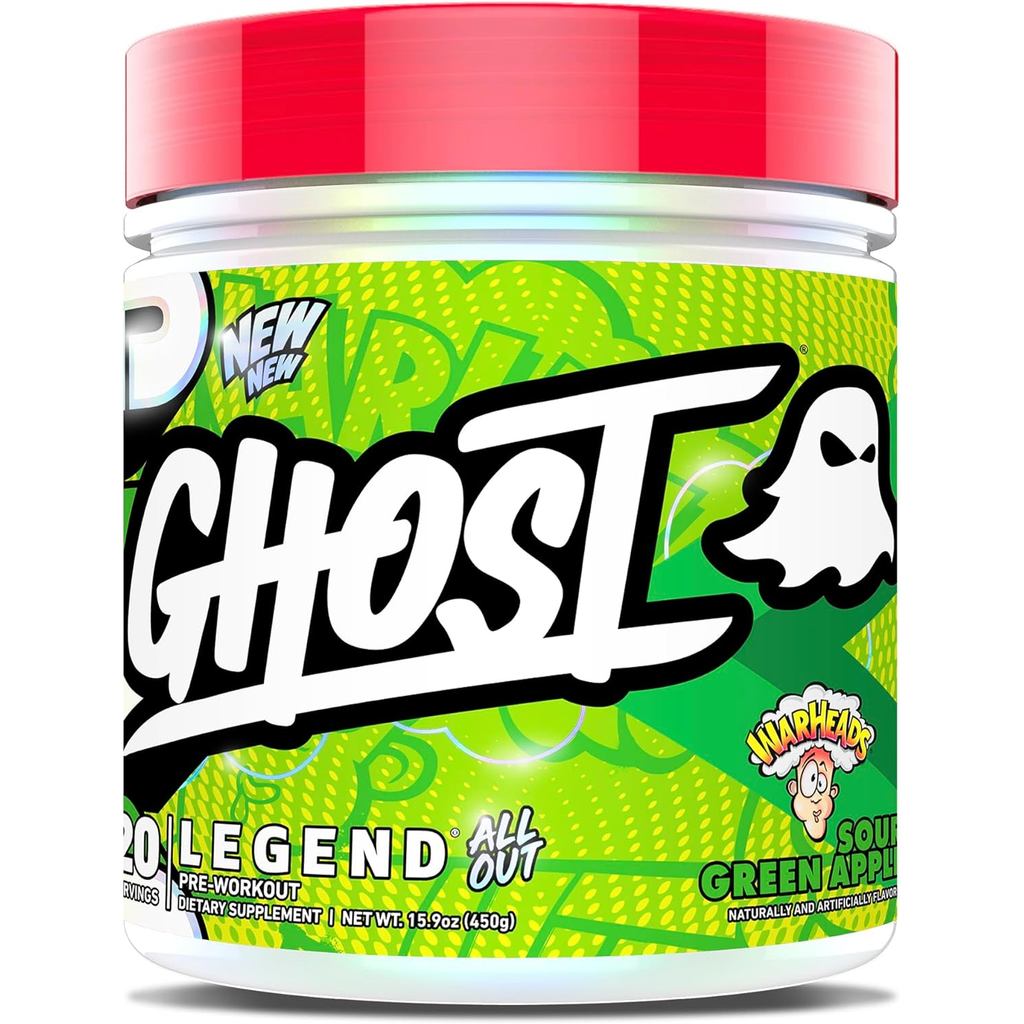GHOST Legend All Out Pre-Workout Powder, Warheads Sour Green Apple - 20 เสิร์ฟ - ขยายการทํางานล่วงหน