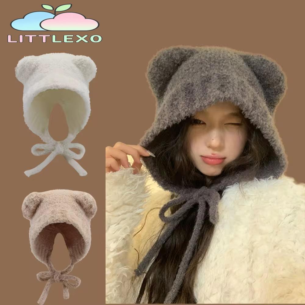 LITTLEX ถัก Bomber หมวก,ป้องกันหูอุ่นหมีหมวกขนสัตว์,พร้อมเชือก Lace up Y2k Beanies หมวก