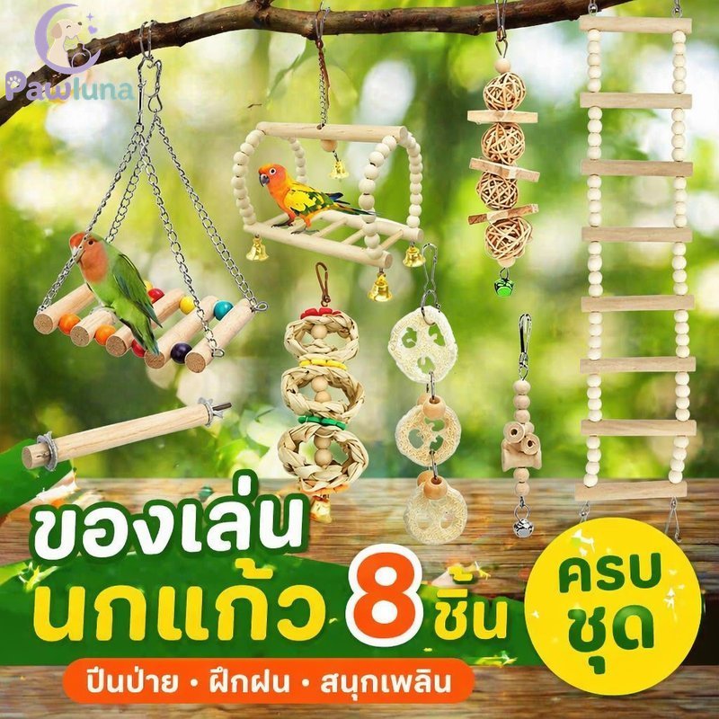 ชุดของเล่นนกแก้ว 8 ชิ้นไม้ธรรมชาติเคี้ยวแกว่งปีนบันไดกรงแขวนการฝึกอบรม