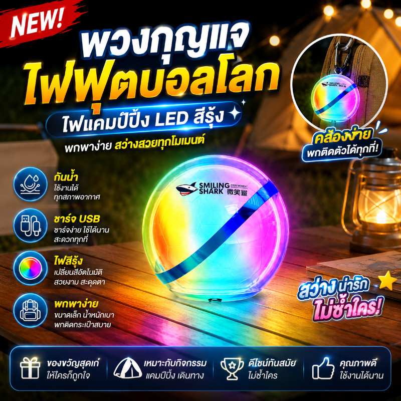 พวงกุญแจไฟฟุตบอลโลก รุ่นใหม่ LED สีสันรุ้ง สามารถชาร์จผ่าน USB กันน้ำ พกพาได้สะดวก เหมาะแคมป์ปิ้ง
