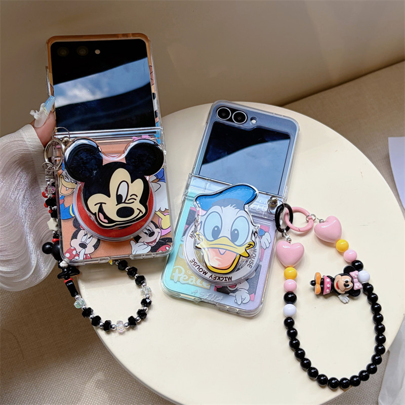 เคสโทรศัพท์สําหรับ Samsung Galaxy Z Flip 8 7 FE 6 5 น่ารัก Mickey Donald Duck Magnetic Bracket สร้อย