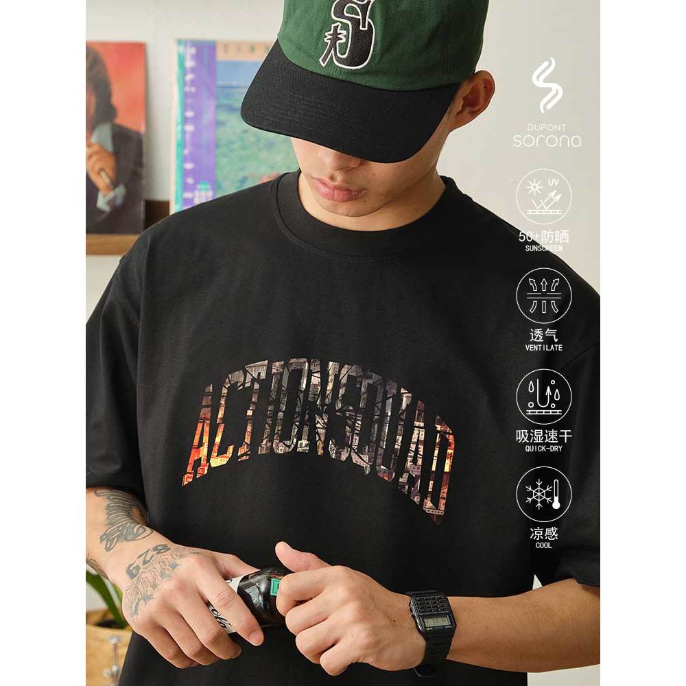 ACTIONS Kowloon City Theme พิมพ์ Solona Cool Feeling ครีมกันแดดเสื้อยืดแขนสั้นฤดูร้อนรอบคอเสื้อยืดคร