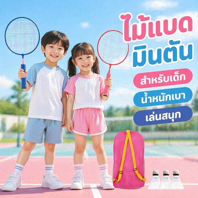 ชุดไม้แบดมินตันเด็ก สำหรับเริ่มต้น 2 ไม้ 3 ลูก พร้อมกระเป๋า น้ำหนักเบา กันลื่น
