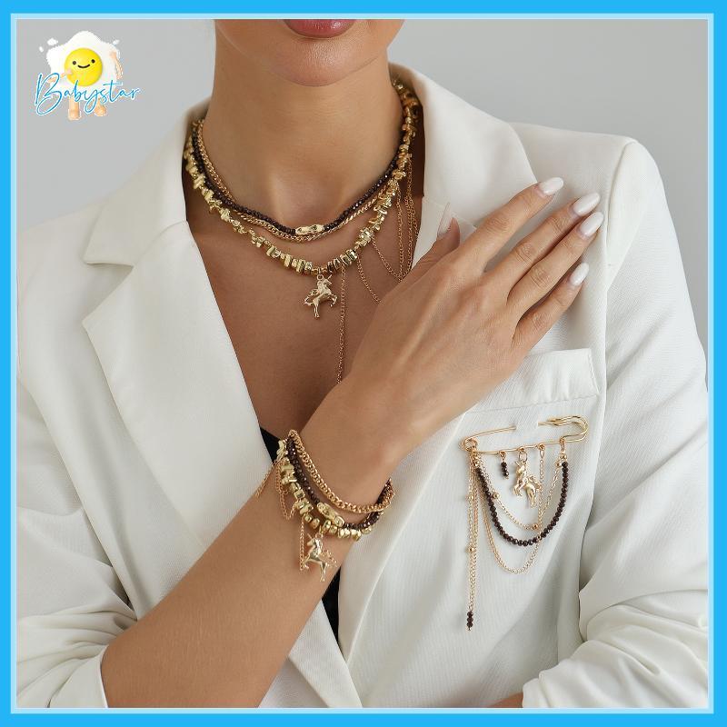 [Inthehot-t] Retro Layered Stacked สร้อยคอสร้อยข้อมือเข็มกลัดชุด 1/3 ชิ้นเครื่องประดับคลาสสิกผู้หญิง