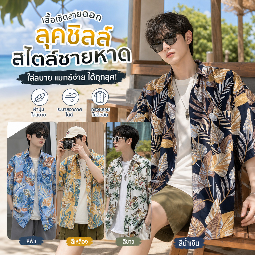 (FM)เสื้อลายดอกไม้เกาหลี ส่งไวจากไทย! ผ้าบางเบา ใส่หลวมสบาย ไปเที่ยวทะเล