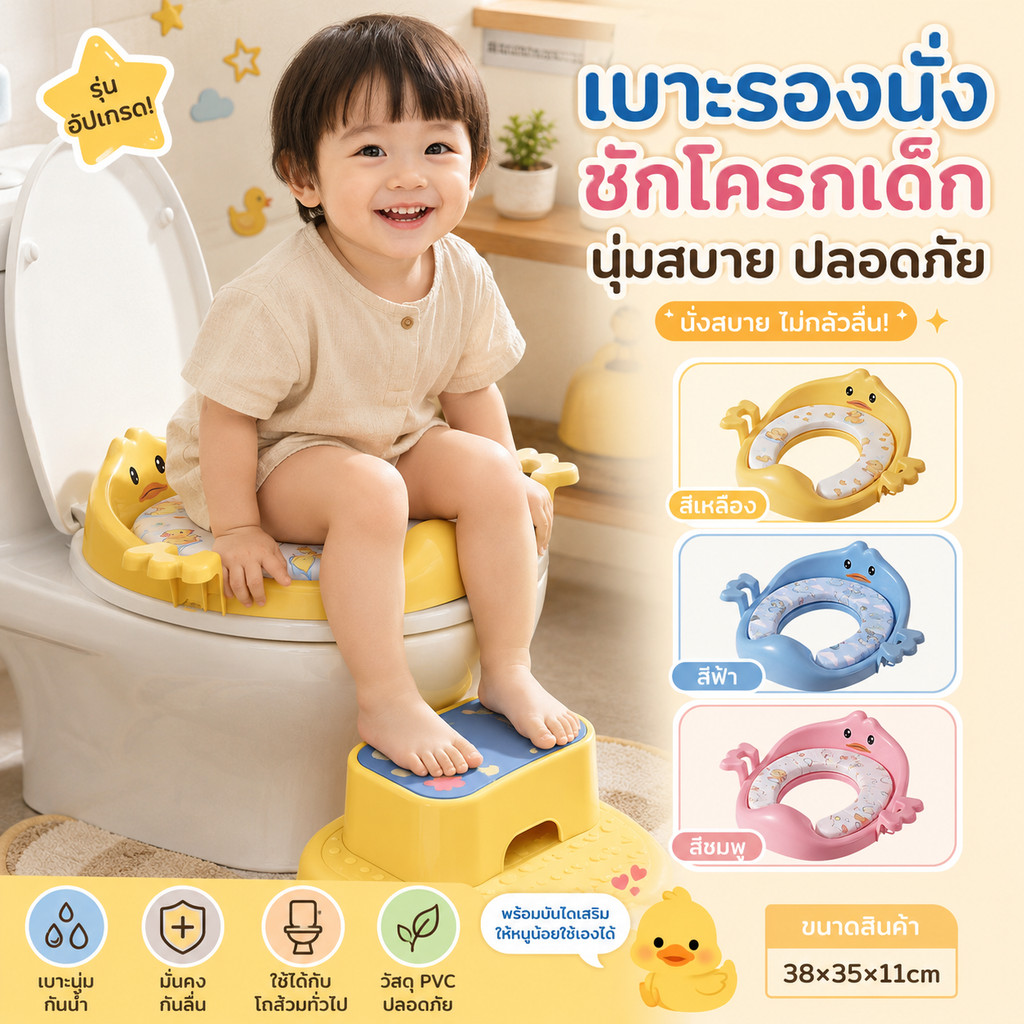 COD ที่รองชักโครกเด็ก เอาแขนมา เบาะPVC ฝารองนั่งชักโครกเด็ก ลายเป็ดน่ารัก การฝึกใช้ห้องน้ำสำหรับเด็ก