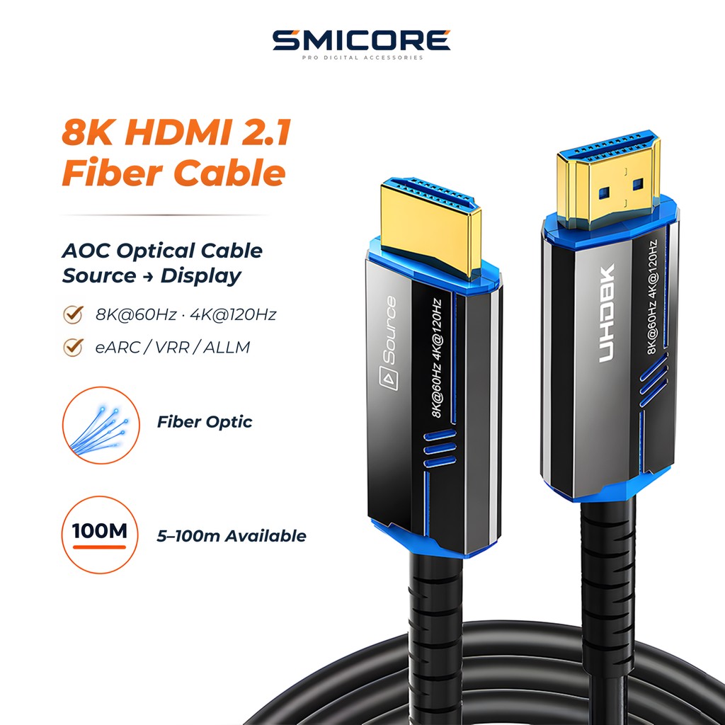 สาย HDMI 2.1 ไฟเบอร์ออปติก AOC 8K60Hz 48Gbps ระยะไกล สำหรับ TV โปรเจคเตอร์ ห้องประชุม โฮมเธียเตอร์ PS5 PC