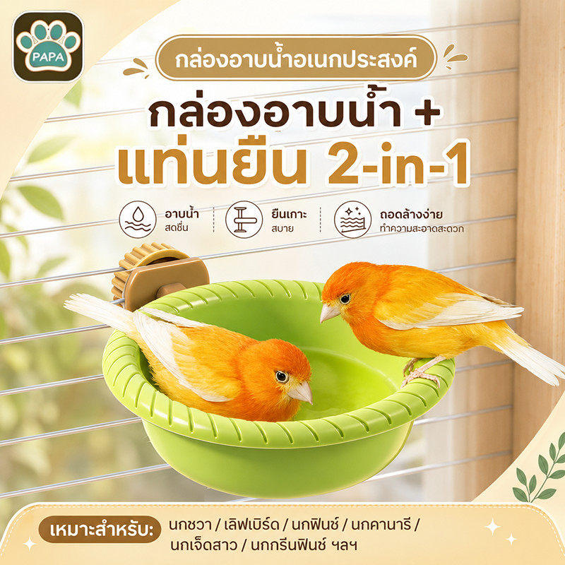 🦜อ่างอาบน้ำนก 2in1 รังฟักไข่ พร้อมคอนเกาะ แบบแขวนกรง กันลื่น กล่องอาบน้ำสำหรับนกฟินช์ คีรีบูน หงส์หยก นกแก้ว