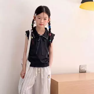 เสื้อยืดแขนกุดคอโปโลสำหรับเด็กผู้หญิง ตกแต่งด้วยโบว์ 3 มิติ สไตล์เรียบร้อย น่ารัก สไตล์เกาหลี ทำจากผ้าไหมน้ำแข็ง