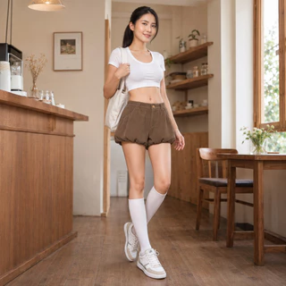 กางเกงขาสั้นผ้าลูกฟูกทรงบอลลูน มีไซส์ S-5XL ทรงฟักทองน่ารักพรางต้นขา เอวสูงตะขอกระดุมหน้า ผ้าหนานุ่มใส่ไปคาเฟ่ชิคๆ