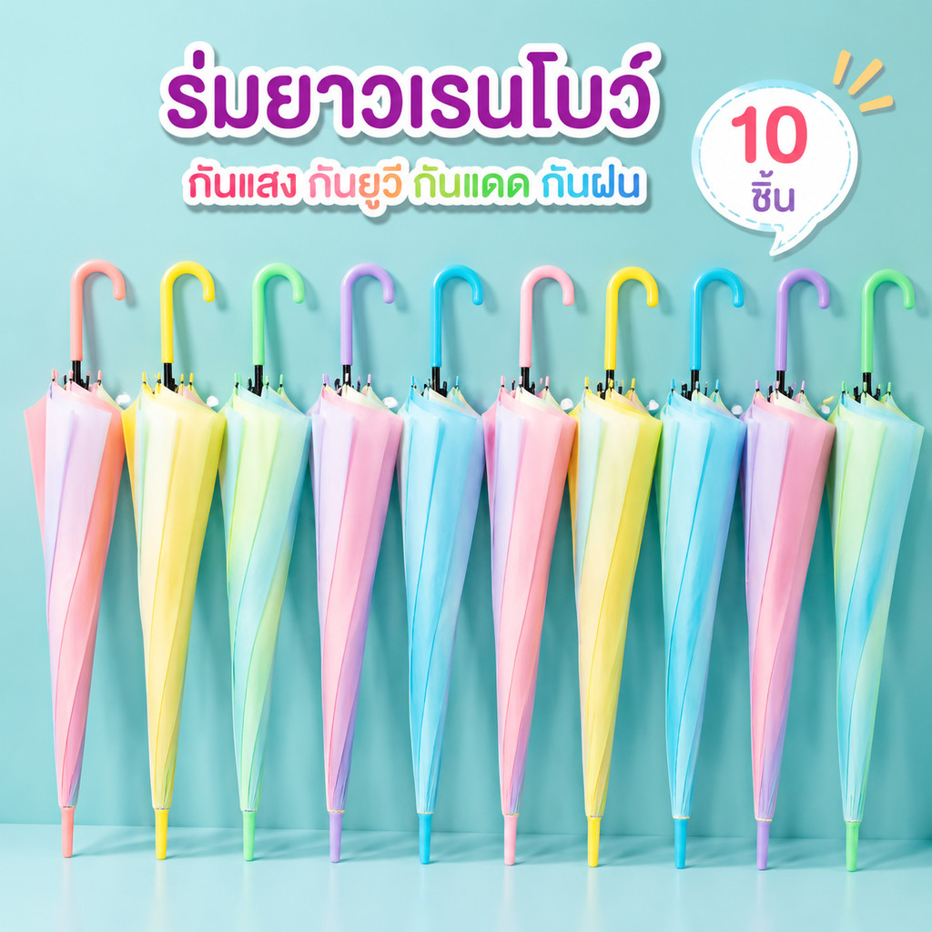 【10 ชิ้น】ร่มแดด, ร่มฝน, ร่มอัลตราไวโอเลตพกพาสะดวกมี ร่มแฟชั่นญี่ปุ่น ร่มยาวเรนโบว์สีพาสเทล คุณภาพดีราคาถูกมี