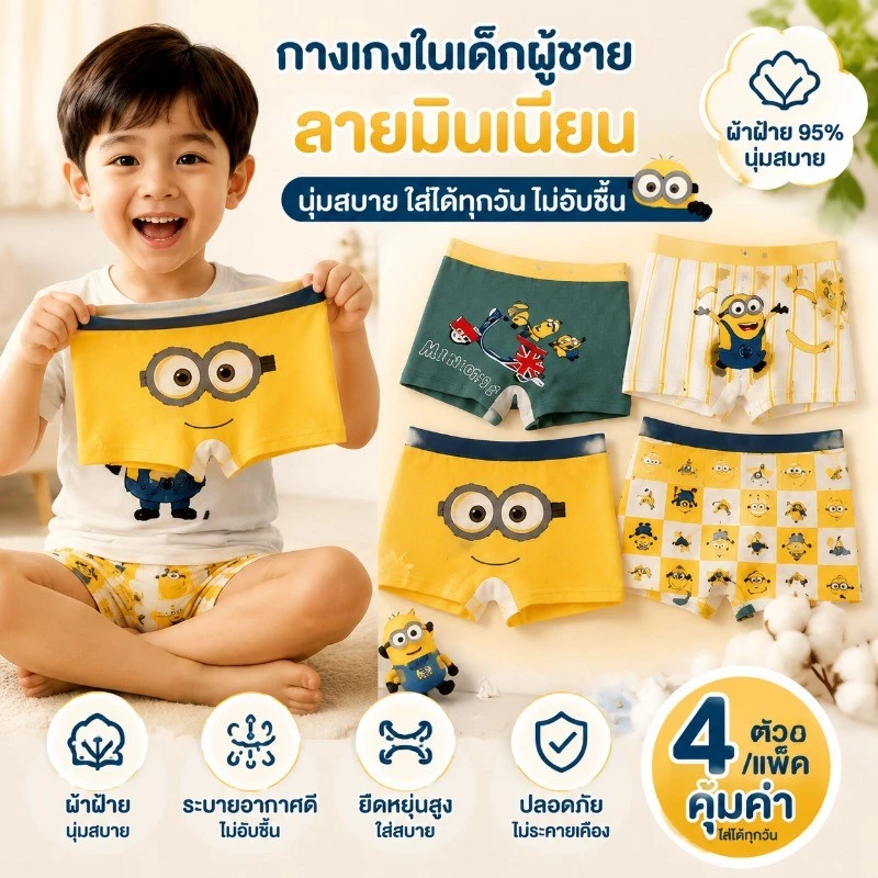 กางเกงในเด็กผู้ชาย ลายมินเนี่ยน Minions การ์ตูนน่ารัก แพ็ค 4 ตัว กางเกงในเด็กทรงบ็อกเซอร์ ผ้าคอตตอนนุ่มสบาย ระบายอากาศดี