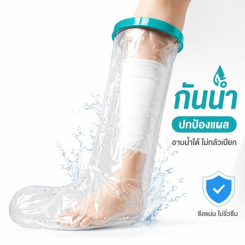 ถุงคลุมเฝือกกันน้ำ เท้าผู้ใหญ่ ซีลแน่น PVC Latex free ใช้ซ้ำได้ ป้องกันแผล อาบน้ำ