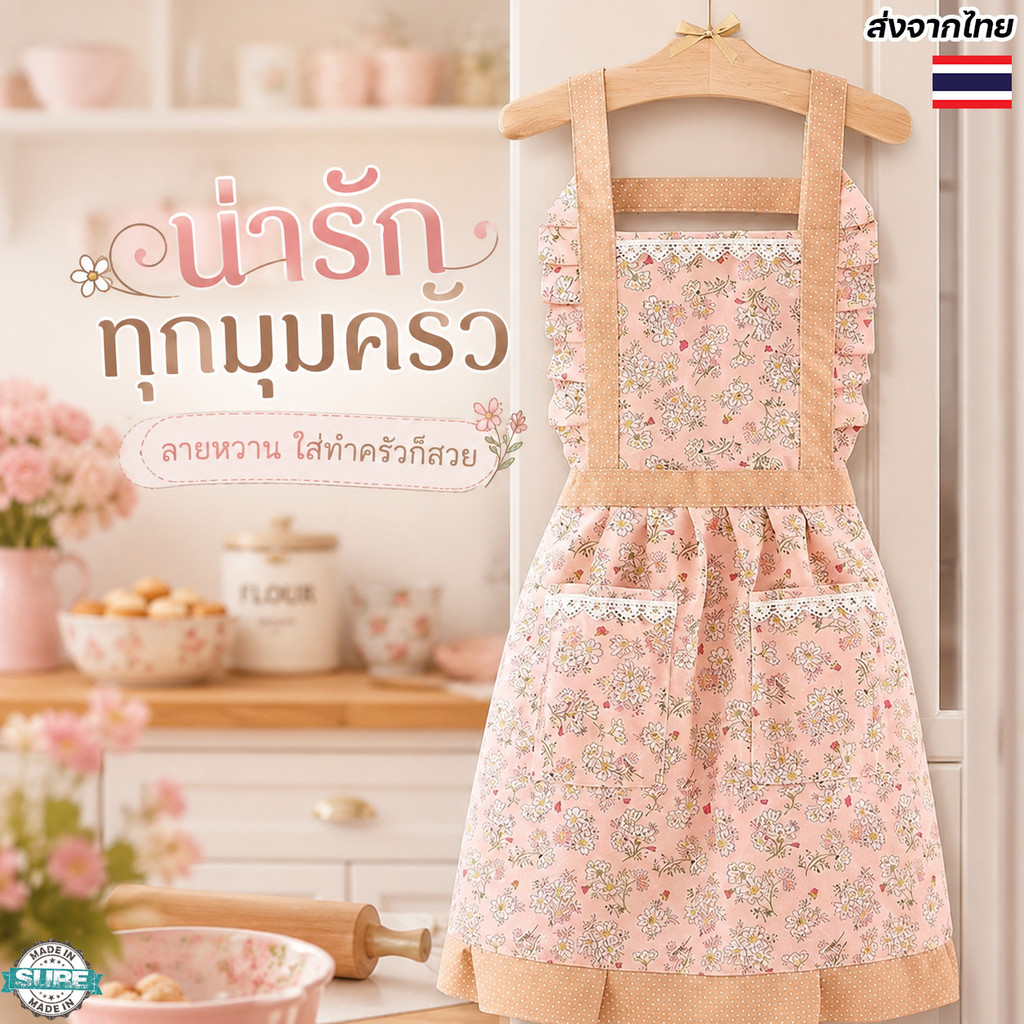 ผ้ากันเปื้อนลายดอกสวยหรู พร้อมกระเป๋าเก็บของ ขนาดใหญ่ ใส่สบาย ระบายอากาศได้ดี เหมาะทำครัวทุกมื้อ