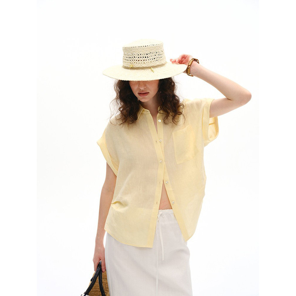 100 ผ้าลินินเสื้อแขนสั้นผู้หญิงสีเหลืองเสื้อลําลอง Commuter All-Match Old Money สีขาวด้านบน