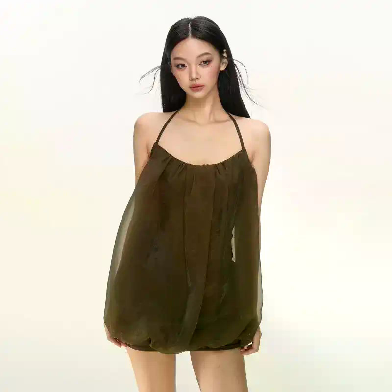 ดอกไม้ Bud Halterneck Suspenders Holiday Dark Green Backless Stretch Gauze Suspenders