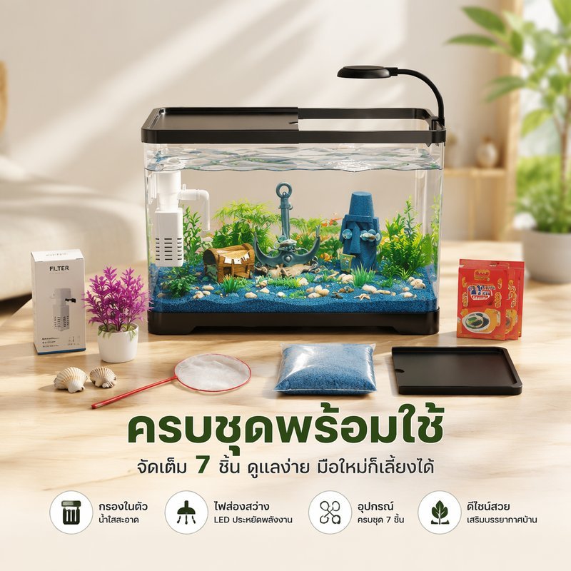ตู้ปลา พาโนรามา ชุดตู้ปลาพร้อมกรองน้ำ ไฟ LED ฝาครอบ ตาข่าย อาหารปลา เหมาะปลากัด