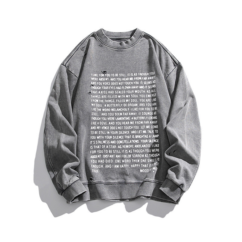 American High Street Knife Cut Ripped Round Neck Sweatshirt Men Street Wear Hip Hop Beggar Style Cas