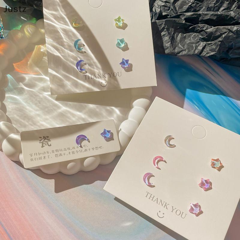 Justz Fantastic Fairy สีสัน Star Moon ต่างหูสตั๊ดชุดผู้หญิง Y2K สีชมพูสีม่วงโปร่งใสน่ารักต่างหูเครื่องประดับของขวัญ tz