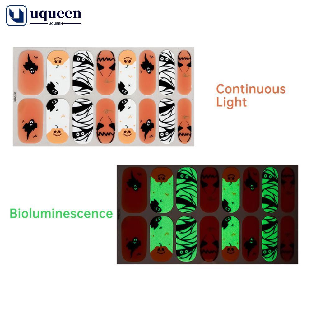UQUEEN ฮาโลวีน Spider Web Ghost Glow ใน Dark เล็บแถบเล็บ Wraps สติกเกอร์ Self-Adhesive เล็บ Decals C